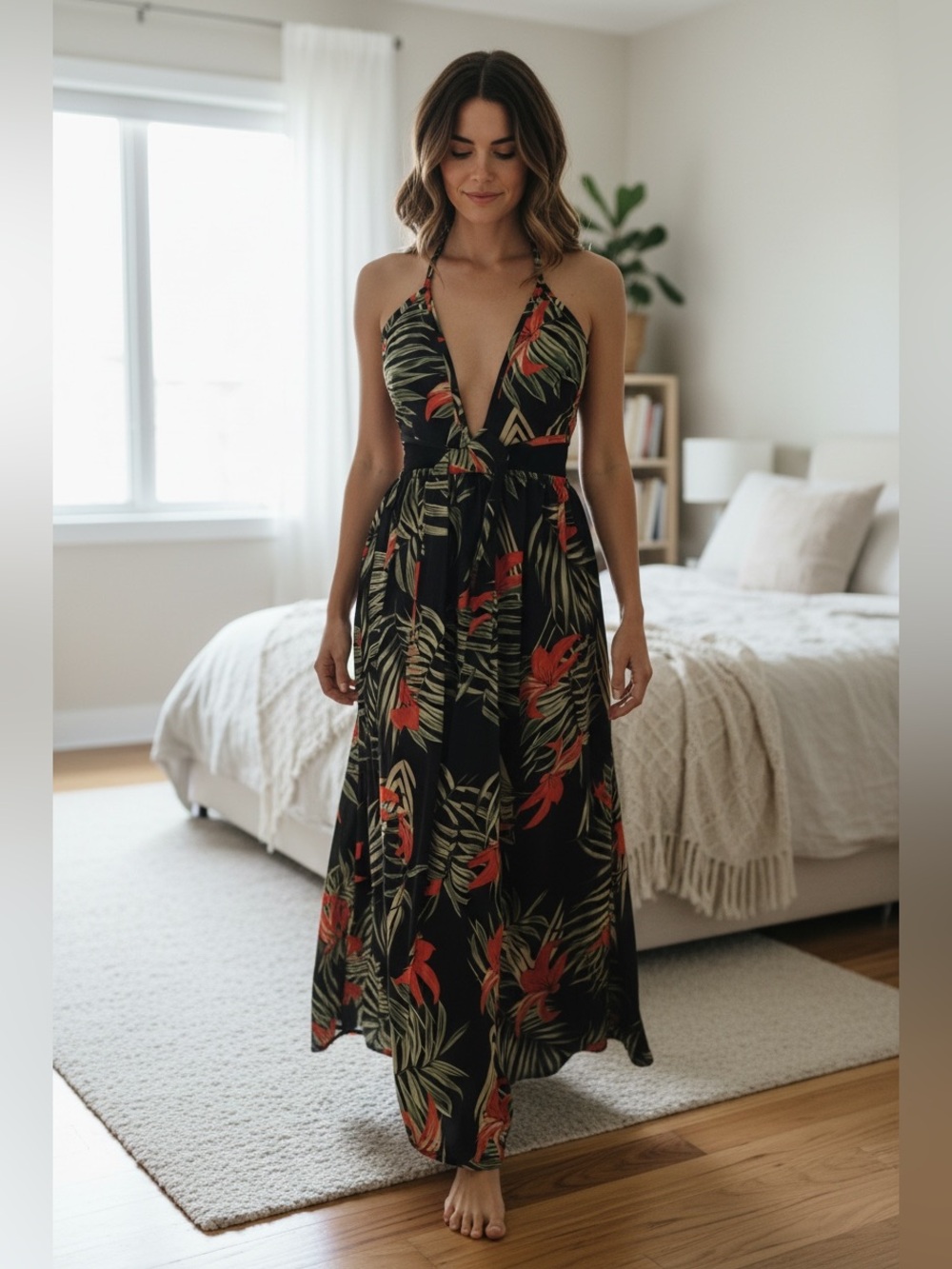 SHEIN Black Tropical Halter Maxi Dress with Red & Green Print